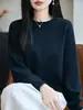 Suéter de Punto de Algodón Puro con Encaje, Cuello Redondo, Manga Larga, Color Sólido, Holgado, Pulóver, Camisa Base para Mujer, Otoño/Invierno 2026