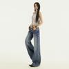 Jeans Anchos de Algodón Lavado con Patrón de Rayos Naranja Infantil # Estilo Americano High Street para Mujer, Diseño Holgado y Ajustado, Pantalones Versátiles de Longitud Completa