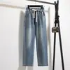 Foto Real de Pantalones Vaqueros de Color Sólido para Mujer, Cintura Elástica con Cordón, Elásticos, Estilo Otoño, Tallas Grandes, Tiro Alto, Pierna Recta Ancha Suelta, Algodón de Color