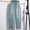 Foto Real de Jeans Azules Claros con Corte de Guadaña para Mujer, Primavera y Otoño, Tallas Grandes, Versión Estrecha, Pantalones Anchos Rectos Holgados con Corte de Guadaña, Largo hasta el Suelo, Algodón
