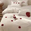 Juego de Cama Bordado de Algodón Lavado para Todas las Estaciones, Sábana Simple 100% Algodón Puro, Sábana Ajustable, Funda de Edredón Juego de Tres Piezas