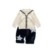 Conjunto de Tricô Infantil Cardigan para Meninos Super Coreano Bonito 1 Camiseta de Manga Longa para Bebê Menino Macacão com Aplique de Estrela Conjunto de Três Peças