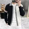Cárdigan de Punto Casual Nuevo Patchwork Color Solapa Punto Otoño Prendas de Punto Botones de Color Contrastante Patrón de Moda Mangas Suéter Abrigo para Hombre