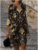 2026 Nuevo Estilo Bloques de Color Estampado Patchwork Cuello en V Holgado Bambú Retro Artístico Cuello Redondo Media Manga Talla Grande Vestido