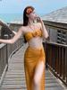 Bikini Pure Desire, vestido largo amarillo que cubre la piel, traje de baño de aspecto delgado, traje de baño conservador de tres piezas con flores grandes para mujer, aguas termales
