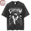 Camiseta Retro Lavada con Agua Pura de Spray Directo Calle Anime Chainsaw Man Dibujos Animados Suelta Algodón Verano Unisex Corta