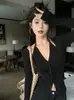 Sem negociação de preço, estilo de garota sexy e quente, cardigã de gola halter, modelador, top com camada interna falso de duas peças