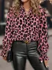 Elegante Blusa Vintage con Estampado de Leopardo en Tinta, Cuello en V y Mangas de Campana para el Trabajo y Uso Casual, Ropa para Mujer de 1688