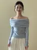 Top de Malha Azul de Manga Longa com Uma Alça para Mulheres, Outono/Inverno, Toque de Luxo, Ajuste ao Corpo Camada Base Mostrando as Clavículas