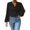 2025 Temu Amazon Nueva Camisa de Gasa de Manga Larga Europea y Americana Suelta Pulóver Cuello en V Top Casual Camiseta Ropa para Mujer