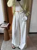 Temperamento Bono Loco con Slack Protector Solar Lino Blanco Drapeado Perezoso Cintura Alta Pantalones Pierna Ancha