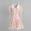 Vestido cruzado de manga corta con estampado de cuello Peter Pan, estilo europeo y americano, minivestido de manga abullonada de un solo botón para mujer, verano 2025