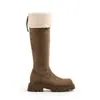 Botas de Neve Longas Cáqui com Solado Grosso para Mulheres, Novos Sapatos de Veludo e Algodão Outono e Inverno, Botas de Cavaleiro de Cano Médio, Preto