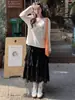 Saia rodada estilo francês com babados doces, saia de comprimento de bolo de cintura alta drapeada para mulheres petites, nova para primavera e outono