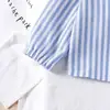 Exclusivo Transfronteiriço Conjunto Europeu e Americano Primavera e Outono para Bebês e Crianças Pequenas Meninas Camisa de Manga Longa Listrada + Calça Jeans Conjunto de Duas Peças