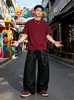 Calças jeans de perna larga com correntes removíveis de ilhós metálicos, novo estilo de verão para homens, calças compridas casuais largas estilo americano para mulheres