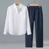 Camisa de Lino Puro de Manga Larga Primavera y Otoño para Hombre Commute Casual Todo Material de Lino Camisa Transpirable Top Estilo Chino
