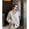 Polo americano de dos piezas falsas gris jaspeado para hombre, camiseta madura y estable de manga larga, cuello de camisa, pesado, moderno, marca, suéter