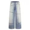 Jeans Masculino Desgastado com Degradê Irregular Desconstruído Patchwork Loose Perna Larga Reta Longo