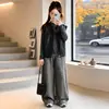 Conjunto de Chaleco de Cuero de Moda de Primavera y Otoño para Niñas Pantalones de Pierna Ancha Rayados para Niñas Mayores Ropa de Otoño para Niños Conjunto de Tres Piezas Moderno