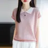 Verão Novo Tricô Feminino Manga Curta Cor Contrastante Bambu Linho Gola Polo Pulôver Manga Pequena Folgada Camiseta Tops Atacado