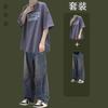 Camiseta de manga corta estilo Hong Kong guapa de verano moderna ropa para hombre con Pantalones de mezclilla traje casual para chicos guapos