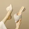 Chinelos de Inverno Femininos com Bolas de Pelo e Renda, Bico Fechado, Salto Grosso, Salto Baixo, Mules Estilo Fada Francesas para Usar ao Ar Livre