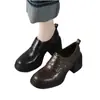 Sapatos Loafer Retro de Solado Grosso para Mulheres, Couro de Vaca, Velcro Mágico, Slip-on, Sapatos Pequenos de Couro, Para o Trabalho, Versátil, Couro Macio, Salto Grosso, Sapatos de Salto Único