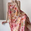 Camisola sem mangas estilo retrô para mulheres, fina de algodão e seda para o verão, estampa de elefante, comprimento midi, pode ser usada fora de casa, vestido de casa