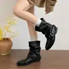Botas Vaqueras de Mujer 2026 Nuevas Botas de Otoño Piel Merade Retro Hebilla Tacón Grueso Fruncidas Apiladas Botines