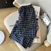 Calça Xadrez de Perna Larga com Renda para Mulheres 2026 Novo Verão Cintura Alta Emagrecimento Solta Casual Calças de Perna Reta Calças Casuais