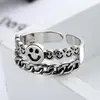 Anel Duplo Corrente Face Sorridente Dongdaemun da Coreia do Sul Anel Liso Estilo Frio Retrô Elegante Feminino Anel Aberto para Dedo Indicador