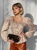 Camisa Feminina Khaki Jacquard Convexo Gola Quadrada Manga Bufante Estilo Retrô Francês Moda Primavera Europeia e Americana Novo Commuter