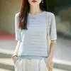 26 Nuevas Prendas de Punto de Lino y Algodón para Primavera y Verano de Cuello Redondo de Manga Corta con Bloques de Color y Corte Pullover Camiseta Base Camiseta Top
