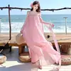 Vestido de Moda Plisado sin Tirantes ni Hombros Descubiertos con Cintas, Falda Larga Súper de Hada con Dobladillo Amplio, Ambiente de Estilo Vacacional en Isla para Mujeres