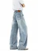 Jeans Lavados Azul Claro Estilo Americano Scimitar para Hombres y Mujeres, Pantalones Casuales de Calle de Verano 2026, Pantalones Anchos de Caída Holgada