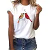 Wish ebay comércio exterior feminino europeu e americano solta Gola redonda estampa de pássaro branco manga curta camiseta Gola redonda
