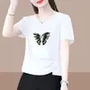 2026 Nova Camiseta de Manga Curta Estilo Comércio Exterior para Mães, Tamanho Grande Soltinho, Emagrecedora, Cobre a Barriga, Top Estampado de Meia-Manga