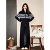 Conjunto de Dos Piezas de Cárdigan de Punto con Bloques de Color Rayado y Doble Cremallera y Pantalones Anchos de Ajuste Holgado Otoño 2026