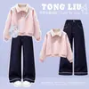 Conjunto de dos piezas para niña estilo coreano, dulce y lindo, con lazo, manga larga y jeans de moda, para Primavera y Otoño 2026