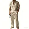 Conjunto de Camisa de Lino de Manga Corta con Solapa de Verano Europeo y Americano Transfronterizo Pantalones Casuales Sueltos para Hombre Conjunto de Dos Piezas Ropa para Hombre al por Mayor