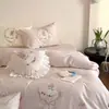 Juego de Ropa de Cama Girly 100S de Algodón de Fibra Larga con Bordado de Conejito Lindo, Funda Nórdica y Sábana, 100% Algodón, Accesorios para Cama de 1.8m
