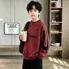 Sudadera de otoño para niño con bloques de color y estampado de letras, cuello redondo, suéter casual moderno de manga larga para niños mayores