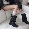 Botines Apilados de Hebilla de Cuero Relajados y Elegantes Invierno 2025 Piel de Vaca Tacón Medio Grueso Cuero Genuino Punta Redonda Botines de Tobillo Estilo Western para Mujer
