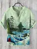 Camisa de Manga Corta con Cuello en V de 3 Botones, Estampado Digital, Paisaje de Carpas 3D Digital con Transferencia de Calor, Transfronteriza Europea y Americana 2024