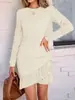 Vestido Elegante Adelgazante de Manga Larga para Primavera/Otoño 2026, Estilo Nuevo de Primavera, Bodycon, Plisado, Cuello Redondo, Ceñidor de Cintura, Ajustado a la Cadera, con Volantes