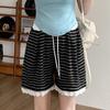 Calça de Maternidade com Patchwork de Renda, Listras Coloridas em Blocos, Shorts Largos Soltos, Shorts Casuais de Verão para Maternidade com Pernas Retas