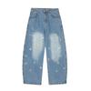Jeans Bordados Retrô Americanos para Homens 2025 Verão Novo Solto Moderno Perna Larga Destroyed Cimitarra Calças Longas