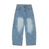 Jeans Bordados Retrô Americanos para Homens 2025 Verão Novo Solto Moderno Perna Larga Destroyed Cimitarra Calças Longas