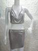 Conjunto de Vestido Sexy Prateado Brilhante Sem Alças para Mulheres 2025 Verão Europeu e Americano Nightclub Lbz999